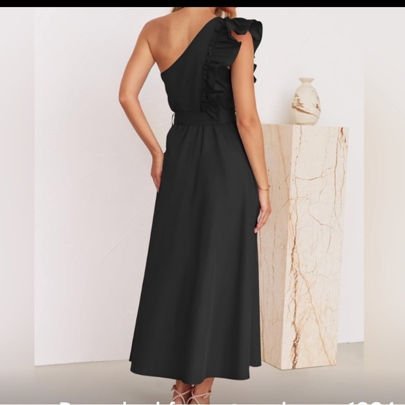 ZESICA Black One Shoulder Ruffle 2024 Empire Waist Boho Flowy Maxi Dress S NWT - Picture 5 of 11